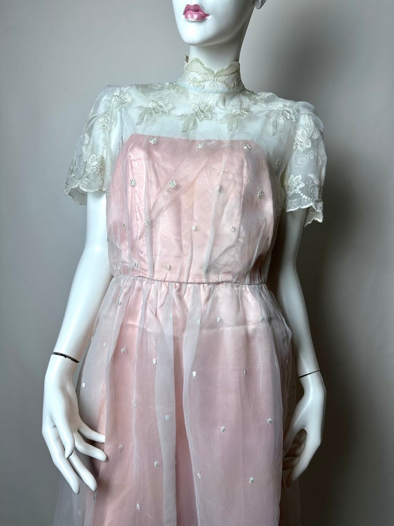 Vintage Custom Made Sheer Iridescent Floral Embroidered Overlay Pink Scalloped Lace Edges Mid Length Party Dress Etsy