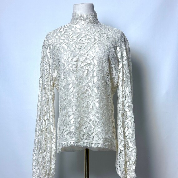 Vintage 90s Perry Ellis Ivory Lace Sheer High Nec… - image 1