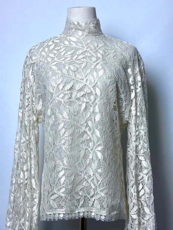 Vintage 90s Perry Ellis Ivory Lace Sheer High Nec… - image 4