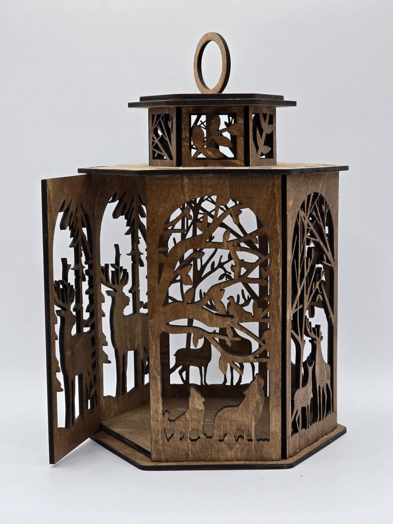 Decorative Wooden Lantern With Wildlife Design Laser Cut Pattern