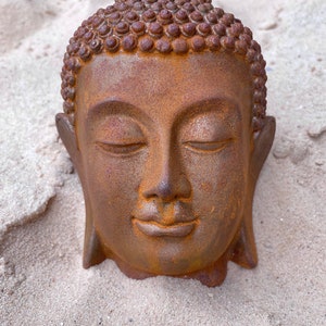 Buddha Head Cast Iron Sculpture Decoration w Rusted Finish Zen Garden Statue - Home Decor - Weather proof Outdoor Indoor Spiritual Statuary