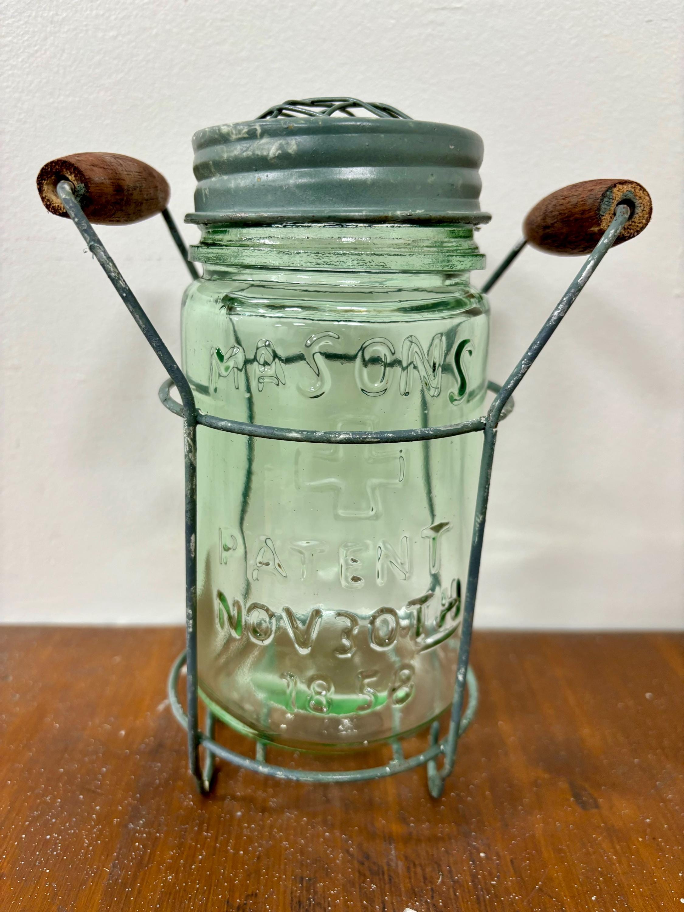 Glass Mason Jar 16oz + Flower Lid + Metal Carrier - Antique Green Tinted Glass Rustic Vintage Home Decor Baking Country Kitchen Holiday Gift
