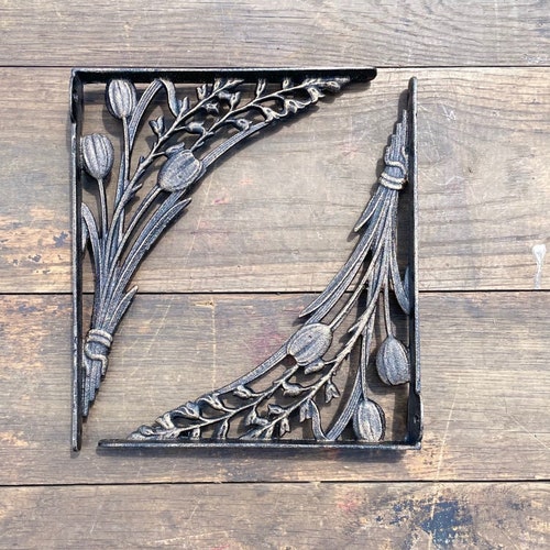Supports d'étagère tulipes en fonte - Motif floral bronze, la paire