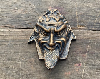 Devil Match Stiker/Holder with Gold/Brass Finish-Cast Iron Gothic Halloween Antique Reproduction- Wall Decor - Tobacciana