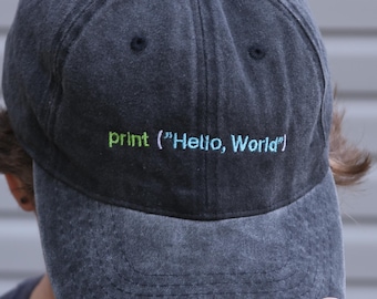 print Hello World Hat | Python Embroidered Cap | Programmer Baseball Hat | Coding Humor | Developer Gift
