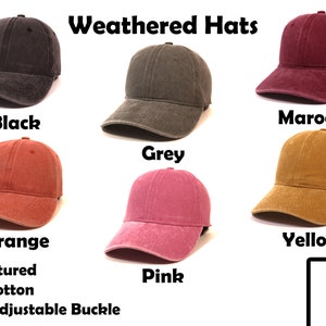 May include: Ten weathered cotton baseball caps in various colors, including black, maroon, grey, orange, yellow, and pink. The caps are unstructured and have a metal adjustable buckle.