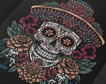 Calavera Art Print – Day of the Dead Skull with Flowers