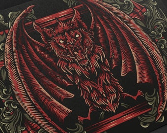Bat - Art Print - Available in A3, A4 & A5 - Wall Art Gift Gothic Home Decor Alternative Occult Witch Mystical Vintage Goth Tarot