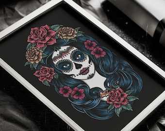 Catrina - impression d&#39;art - disponible en A3 et A4 - art mural jour des morts Mexique décoration d&#39;intérieur alternative tatouage vintage Dia De Los Muertos