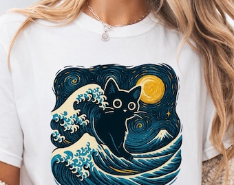 Van Gogh Cat Shirt Comfort Colors Starry Night Cat Tshirt Hokusai Wave Japanese Art Tee Cat Lover Gift Art Lover Gift Cat Mom Van Gogh Shirt