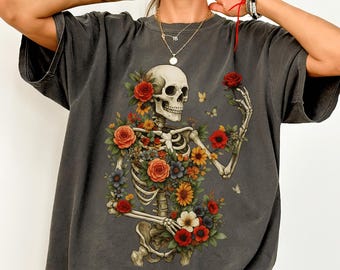 Dark Botanical Skeleton Shirt Comfort Colors® Gothic Cottagecore Tee Floral Skull Tshirt Dark Academia Boho Grunge Flower Boquet Skeleton