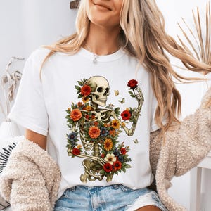 Dark Botanical Skeleton Shirt Comfort Colors® Gothic Cottagecore Tee Floral Skull Tshirt Dark Academia Boho Grunge Flower Boquet Skeleton