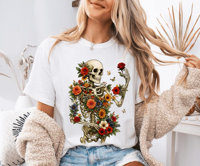 Dark Botanical Skeleton Shirt Comfort Colors® Gothic Cottagecore Tee Floral Skull Tshirt Dark Academia Boho Grunge Flower Boquet Skeleton