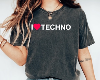 Camiseta "Me encanta el techno", atuendo rave, camiseta de festival de música, camiseta para amantes de la música electrónica de baile, disco, EDM, Acid House, DJ, regalo para amantes de las fiestas, BPM, DNB