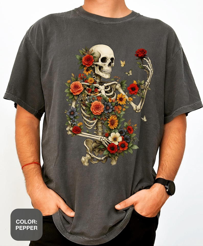 Dark Botanical Skeleton Shirt Comfort Colors® Gothic Cottagecore Tee Floral Skull Tshirt Dark Academia Boho Grunge Flower Boquet Skeleton