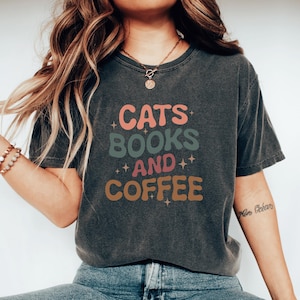 Cats Books and Coffee Shirt Book Club Shirt Cat Mom Bookish Bookworm Tshirt Booktrovert Book Lover Gift Cute Cat Person Tee Retro Aesthetic