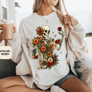Dark Botanical Skeleton Shirt Comfort Colors® Gothic Cottagecore Tee Floral Skull Tshirt Dark Academia Boho Grunge Flower Boquet Skeleton