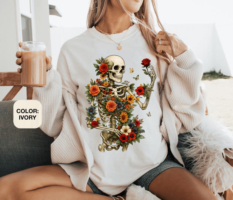 Dark Botanical Skeleton Shirt Comfort Colors® Gothic Cottagecore Tee Floral Skull Tshirt Dark Academia Boho Grunge Flower Boquet Skeleton