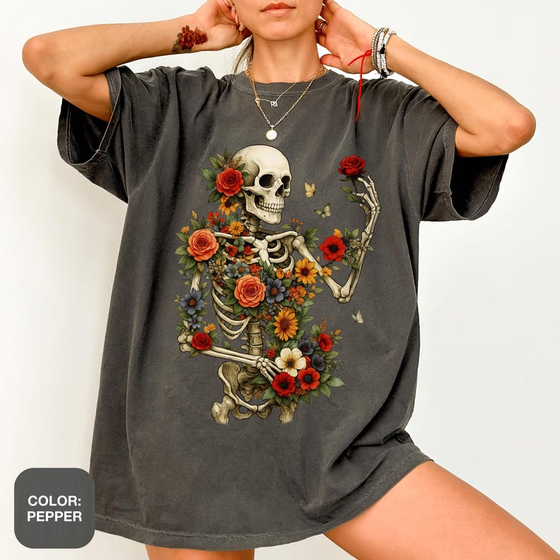 Dark Botanical Skeleton Shirt Comfort Colors® Gothic Cottagecore Tee Floral Skull Tshirt Dark Academia Boho Grunge Flower Boquet Skeleton