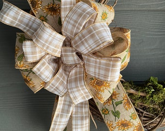 Sonnenblume, Beige Bogenakzent. Mittelgroße Schleife aus Wired Ribbon. Für Kranz, Korb, Gesteck, Geschenk, Türhänger, Laterne, Treppengeländer, Girlande.