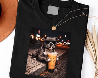 Pitbull Dog Drinking Iced Coffee With Sunglasses shirt