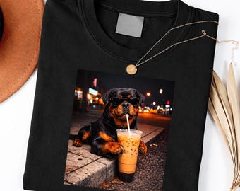 Rottweiler Dog Drinking Iced Coffee With Sunglasses shirt