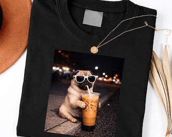 Pug Dog Drinking Iced Coffee With Sunglasses shirt