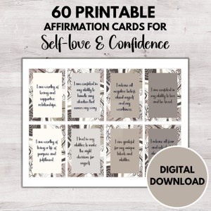 60 cartes d'affirmation imprimables sur l'amour de soi et la confiance en soi, accessoire pour tableau de bord, monochrome marron, moderne bohème, cadeau loi de l'attraction
