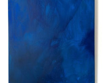 May include: Abstract painting on canvas with a deep blue color palette. The artwork features brushstrokes and textures, creating a sense of depth and movement. The painting is mounted on a square canvas.