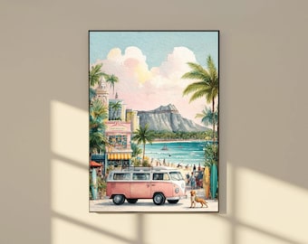 Waikiki Beach Art | Retro Hawaii Surf print, Diamond Head, Tropical Wall Decor