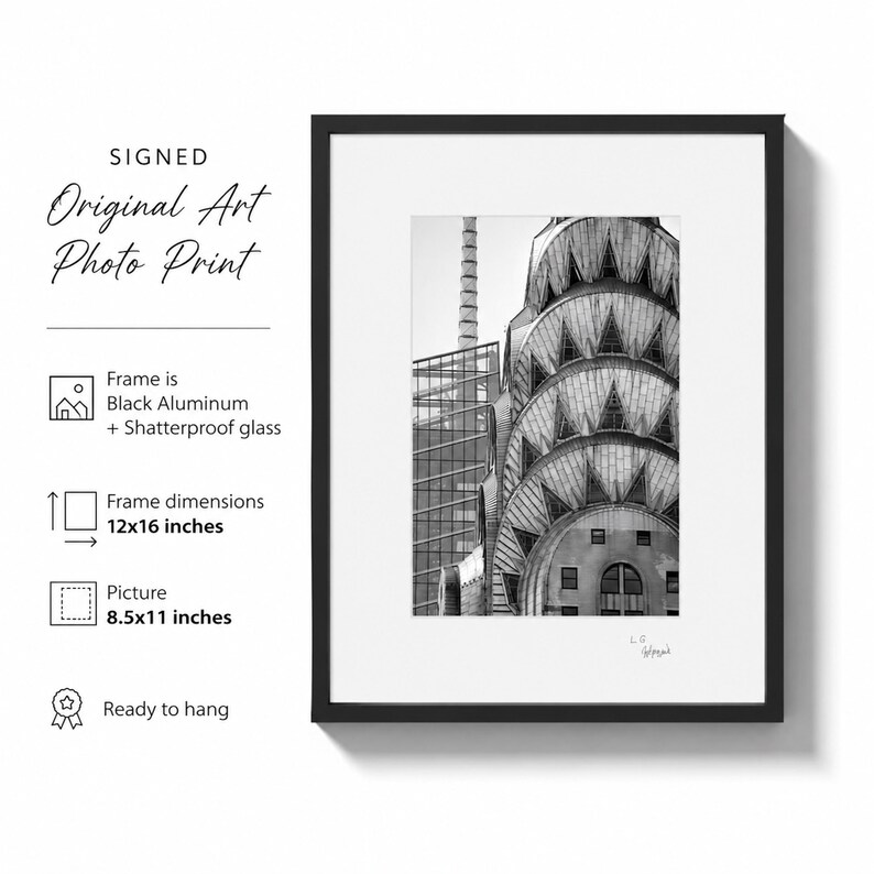 A framed black and white photo shows the top of a building with a rounded, tiered, and textured roof, with text on the left describing the print and frame.