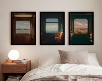 NYC Subway Window Triptych Wall Art, Urban Cityscape Prints, Bedroom Decor