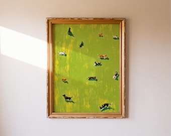 Whimsical Dogs Art Print: Bright Green Field Canine Wall Decor