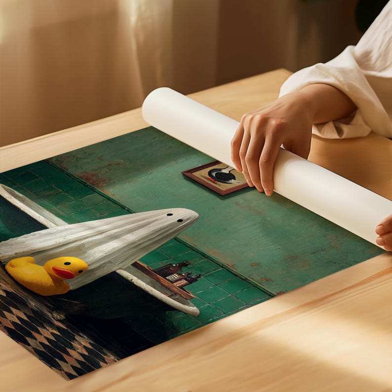 K&ouml;nnte beinhalten: Ein skurriler Kunstdruck mit einem Geist in einer Badewanne mit einer Gummiente. Das Kunstwerk hat ein gr&uuml;n-wei&szlig;es Farbschema, mit einem gerahmten Bild einer schwarzen Katze an der Wand. Der Druck wird auf einer Holzoberfl&auml;che ausgerollt.