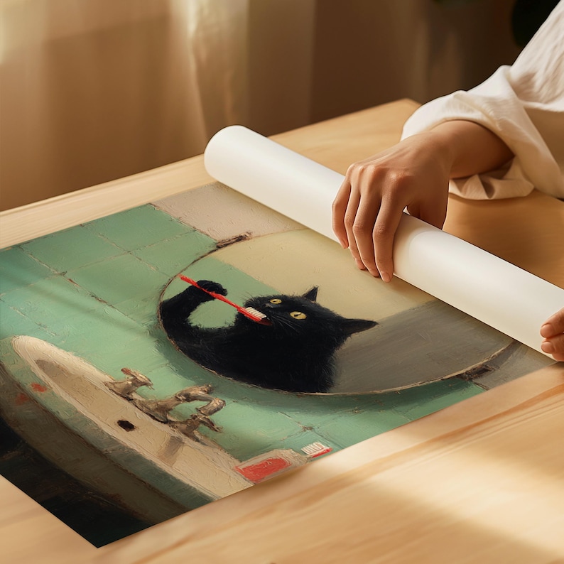 K&ouml;nnte beinhalten: Ein Druck eines schwarzen Katers, der sich in einem Badezimmerspiegel die Z&auml;hne putzt. Die Katze hat gelbe Augen und h&auml;lt eine rote Zahnb&uuml;rste. Das Badezimmer hat eine gr&uuml;n geflieste Wand und ein wei&szlig;es Waschbecken mit silbernen Wasserh&auml;hnen.