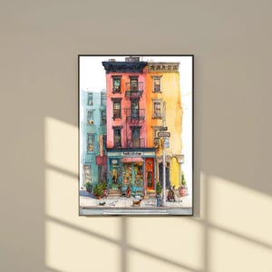 Akvarelltryck av radhus i Hell's Kitchen: Hundgatumotiv (digital nedladdning)