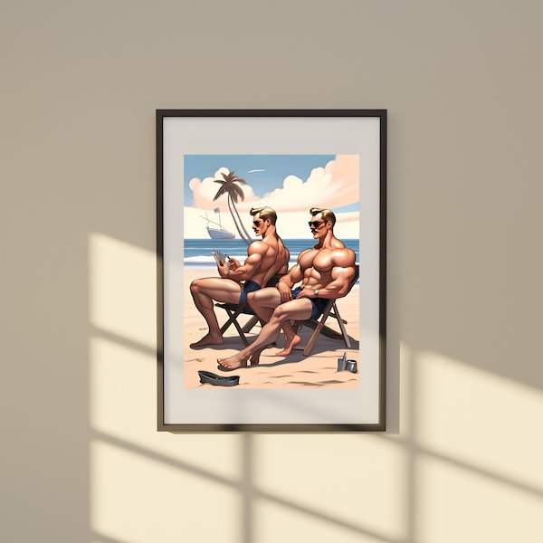 Gay LGBTQ+ poster in Tom Of Finland style Two guys on the beach