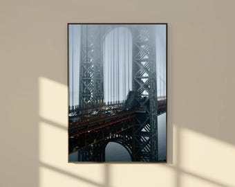 Foggy George Washington Bridge Wall Art, NYC Industrial Photography, Urban Loft Decor