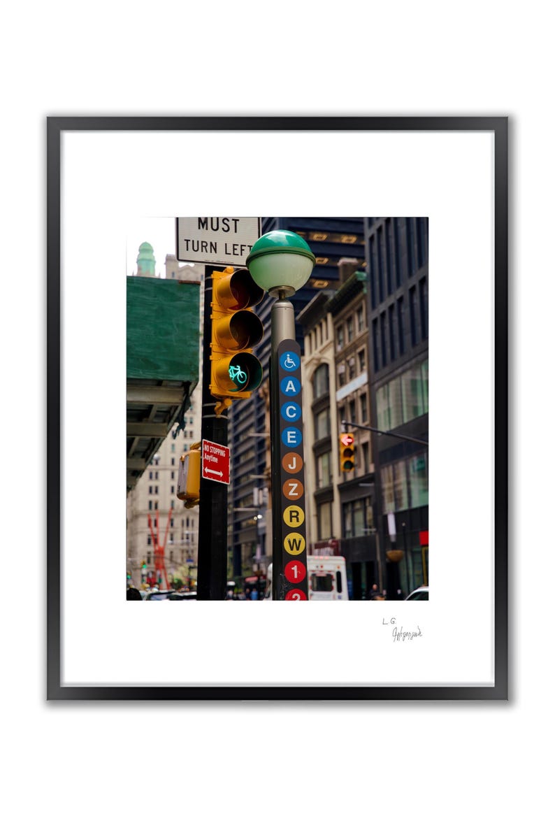 A framed color photo shows a street light pole with a green traffic light and a vertical sign displaying subway line letters.
