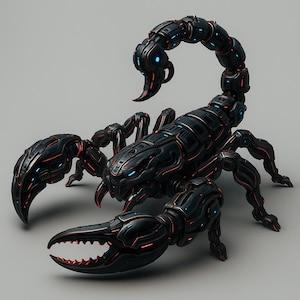 May include: A detailed, mechanical scorpion sculpture in a futuristic style. The scorpion is primarily black with red and blue accent lighting. The claws and stinger are prominent, and the overall design suggests a robotic or cybernetic theme.