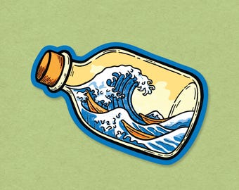 Great Wave in a Bottle Sticker – Japanese Art Vinyl Sticker, Ocean Wave Aesthetic Decal, Water Bottle Laptop Sticker, Hokusai-Inspired Gift