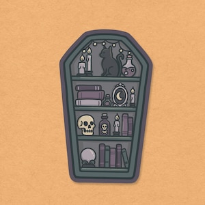 Sticker, Gothic Coffin Bookshelf, Black Cat, Witchy Aesthetic Sticker, Introvert Bookish Sticker, Gift for Book Lover, Halloween Sticker