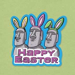 Funny Easter Island Bunny Sticker – Moai Statues with Bunny Ears, Cute Easter Vinyl Sticker, Easter Basket Filler, Spring Sticker Gift