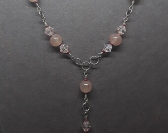 Necklace and Earrings Set With Pink Crystals and Glass Beads With Metal Details