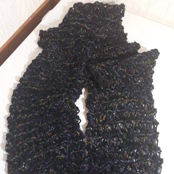 Scarf Handknit Made with 2 Black Yarns and Fringe