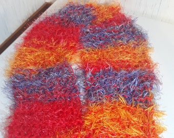 Scarf Handknit with Red and Variegated yarns and Fringe