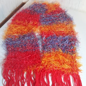 Scarf Handknit with Red and Variegated yarns and Fringe