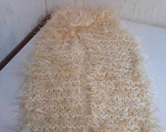 Scarf Handknit From Cream and Beige Yarns With Fringe