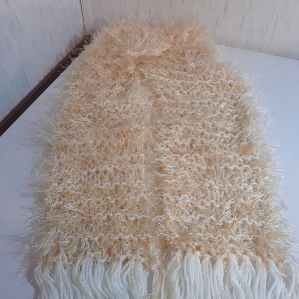 Scarf Handknit From Cream and Beige Yarns With Fringe