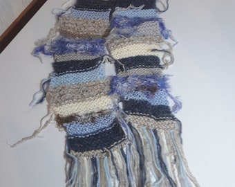 Scarf Handknit with Many Blue and Beige yarns With Fringe